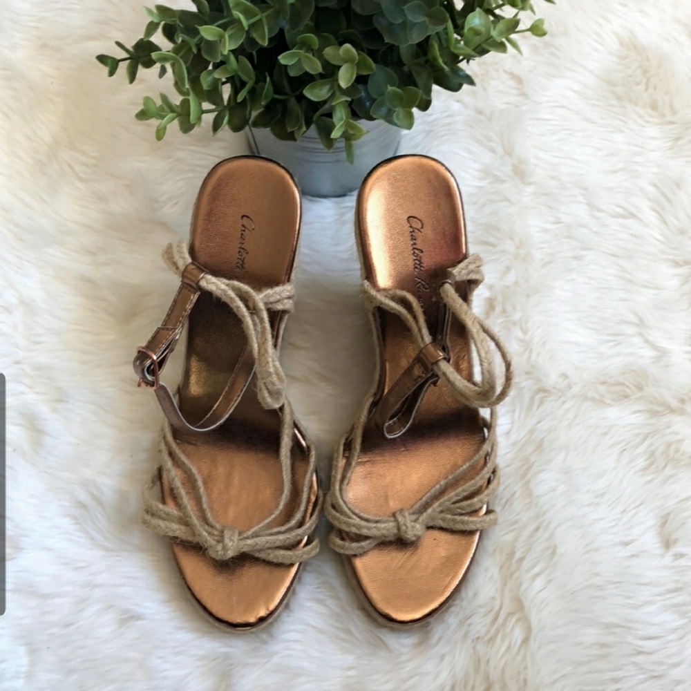 Charlotte Russe gold and hemp wedge sandals
